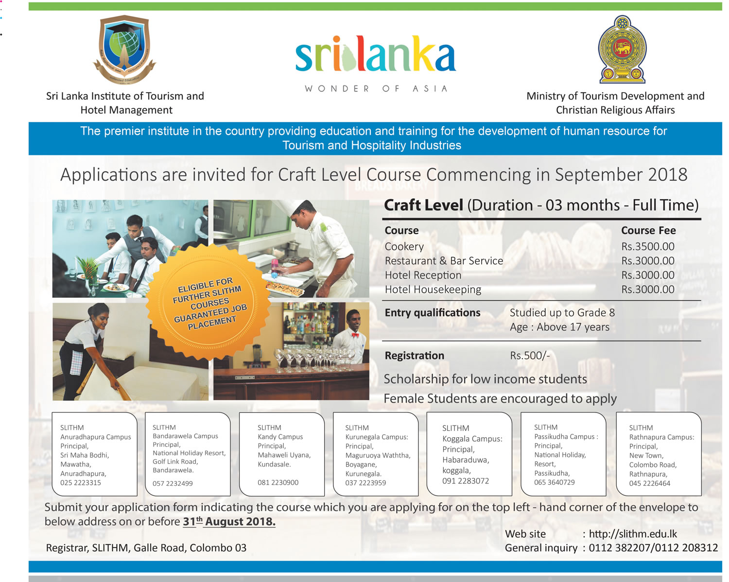 Cookery Course, Restaurant & Bar Service Course, Hotel Reception Course, Hotel Housekeeping Course  - Sri Lanka Institute of Tourism & Hotel Management